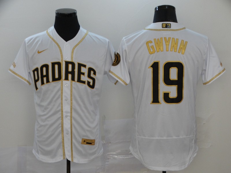Men's San Diego Padres #19 Tony Gwynn 2020 White Golden Flex Base Stitched Baseball Jersey Men's San Diego Padres #19 Tony Gwynn 2020 White Golden Flex Base Stitched Baseball Jersey